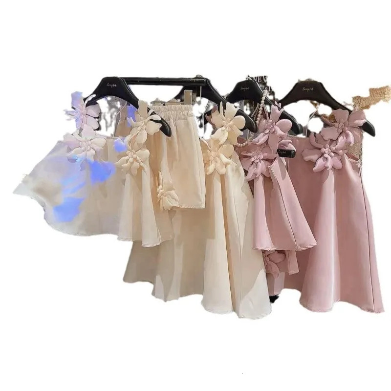 Ins Summer Infant Babys Girls 2PCS Clothes Set Cotton Solid Flower Slip Vestshorts Outfit Kids Girls Thin Sweet Princess Dress 250326