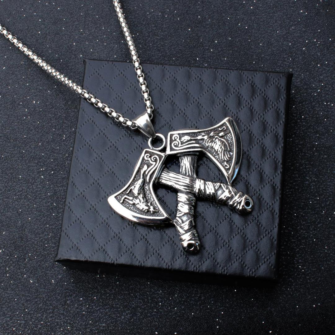 60cm Vintage Nordic Viking Axe Titanium Steel Necklace