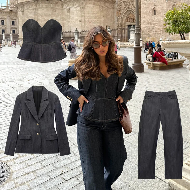 TRAFZA womens denim jacket pants set long sleeved waist series setcommuting wide leg jeans street trend 250326