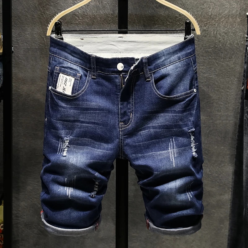 mens thin denim fashion shorts washed slim casual jeans Destroyed Ripped Plus size 250326