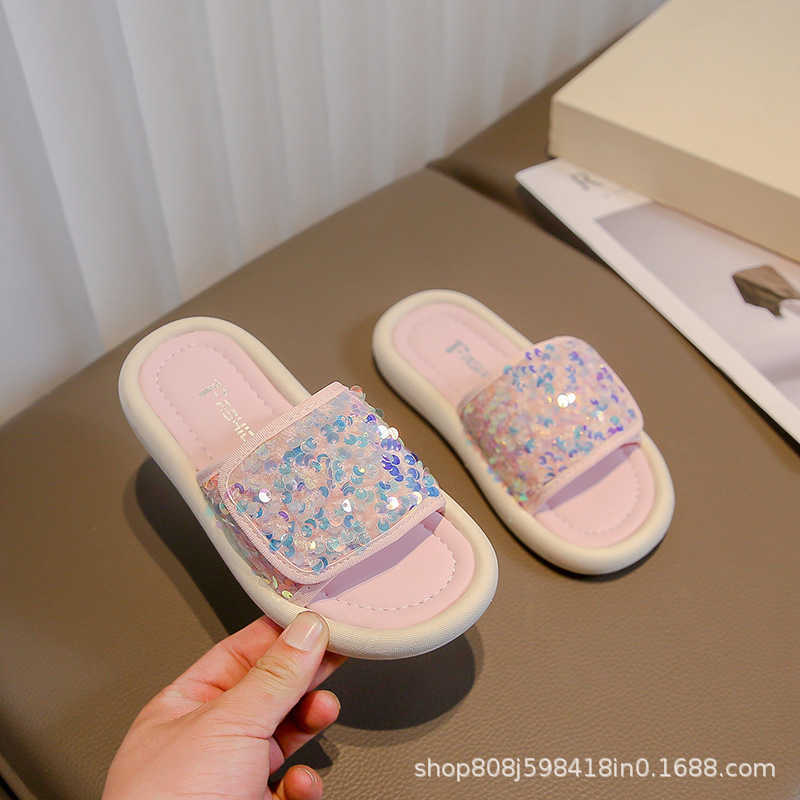 Slipper Girls open toed slippers girls sequins straight drag 2024 summer new style childrens outdoor cool drag fashionable princess S25326