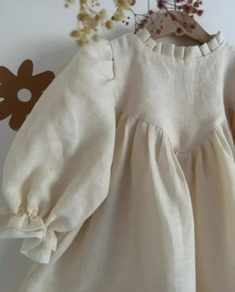 8383 Baby Girls Dress Children Dress Cotton Linen Splicing Girls Dress Leisure Princess Clothes 250326