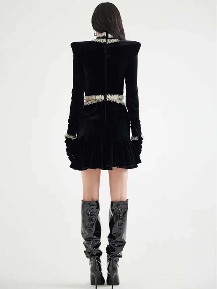 HIGH STREET 2025 Newest Fashion Designer Dresses Women's Long Sleeve Beaded Veet Hollow Out Dress