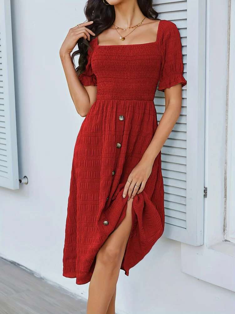 Dongdumaoyi Lente Zomer Elegante Korte Mouwen Knoopversierde Geplooide A Lijn Maxi Jurk Met Pofmouwen Model A