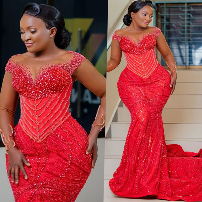 2025 Plus Size Red Prom Dress Mermaid Prom Dresses Formal Gowns Illusion Sheer Neck Long Sleeves Beaded Lace Crystals Birthday Second Reception Gowns 