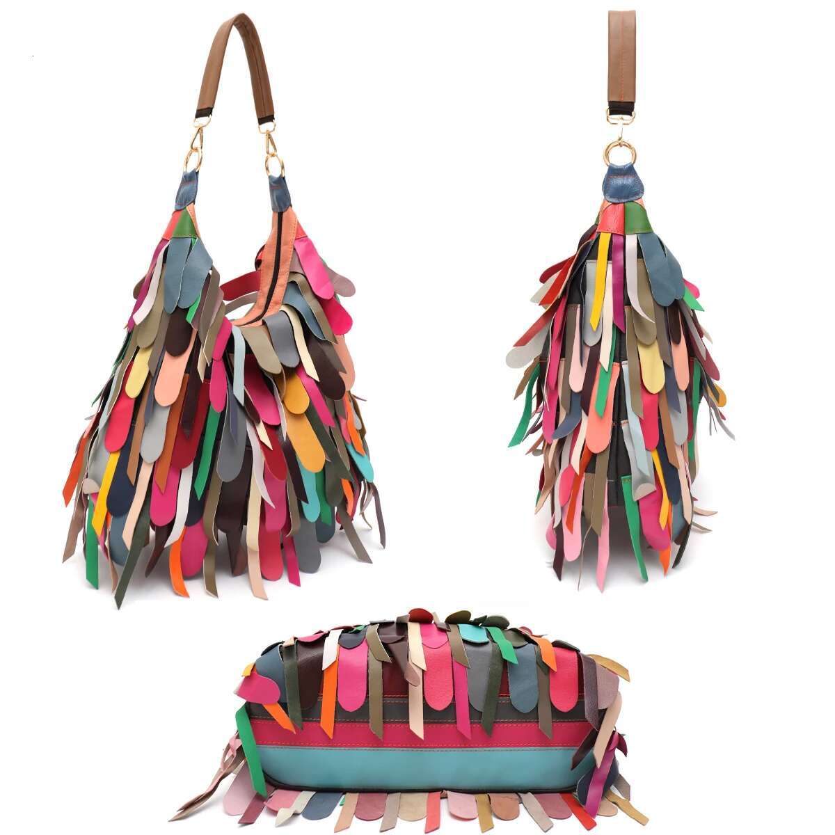 Women Daily Casual Slouchy Boho Style Colorful Real Sheepskin Tassel Fringe Hobo Shoulder Cross Body Bag Genuine Leather Handbag