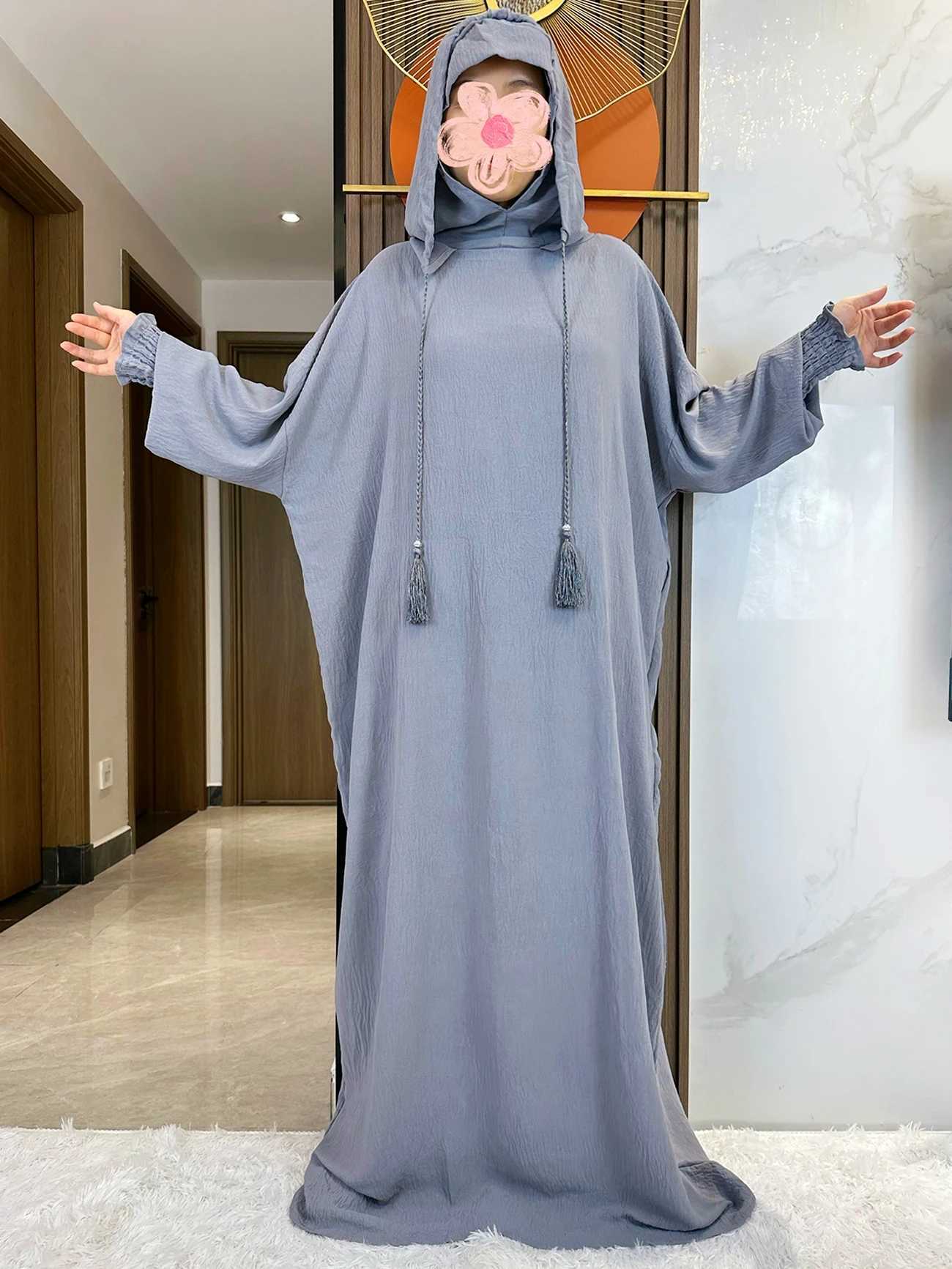 Womens Cotton Abayas Muslim Ramadan Prayer Dress Hooded Solid Color Casual Batwing Sleve Arab Oriental Robe Eid al Fitr Djellab X250327