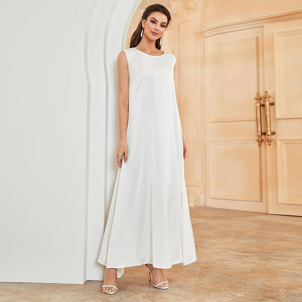 Ramadan Under Abaya Satin Inner Dress Muslim White Sleeveless Chiffon Womens Islamic Clothing Dubai Kaftan 250326