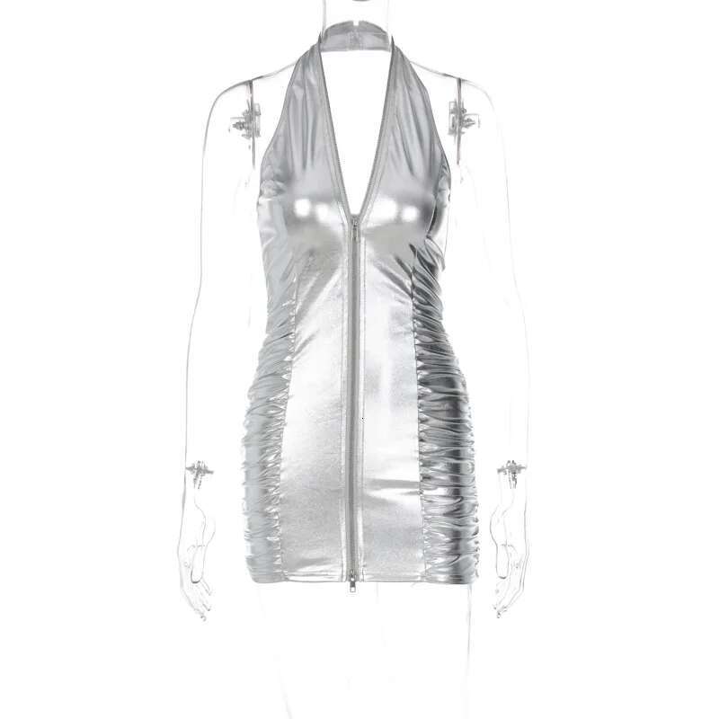 Dongdumaoyi Lente Nieuwe PU Effen Kleur Sexy Halter Rits Slim Fit Korte Damesjurk
