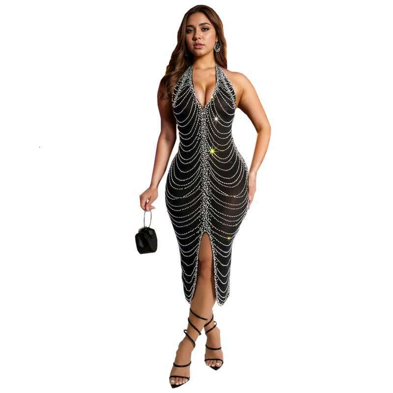 Dongdumaoyi Mode Dames Strass Slim Fit Sexy Bodycon Lange Jurk C