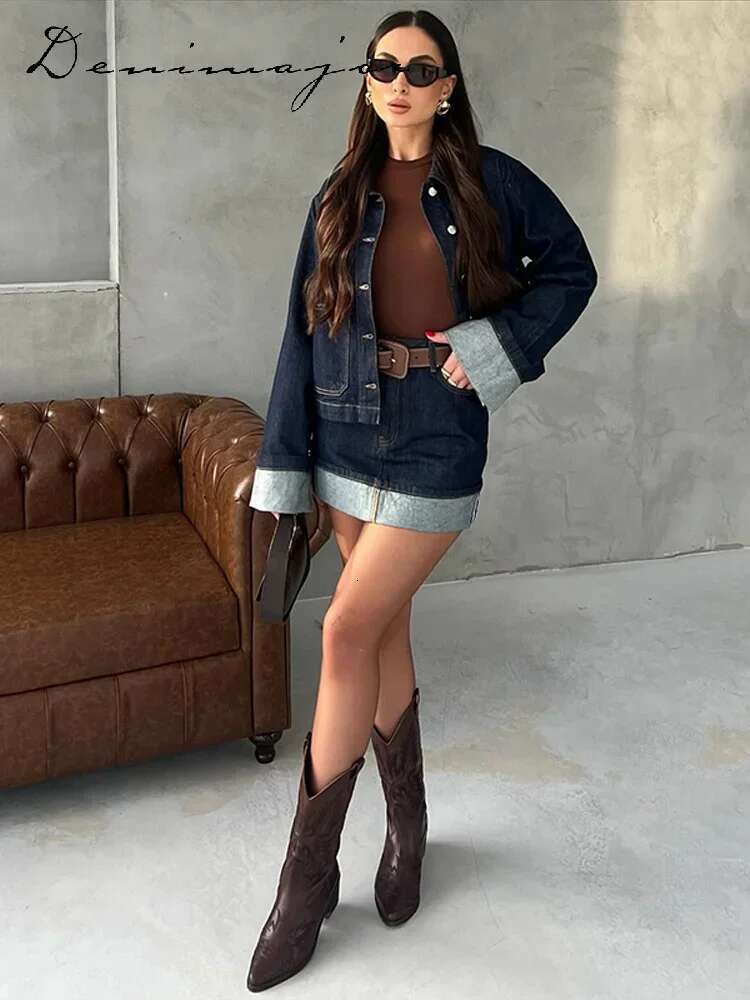 Chic Denim Jacket Mini Skirts Set Women Lapel Single Breasted Long Sleeve Coat Slim Short Skirt 2025 Spring Elegant Lady Outfit