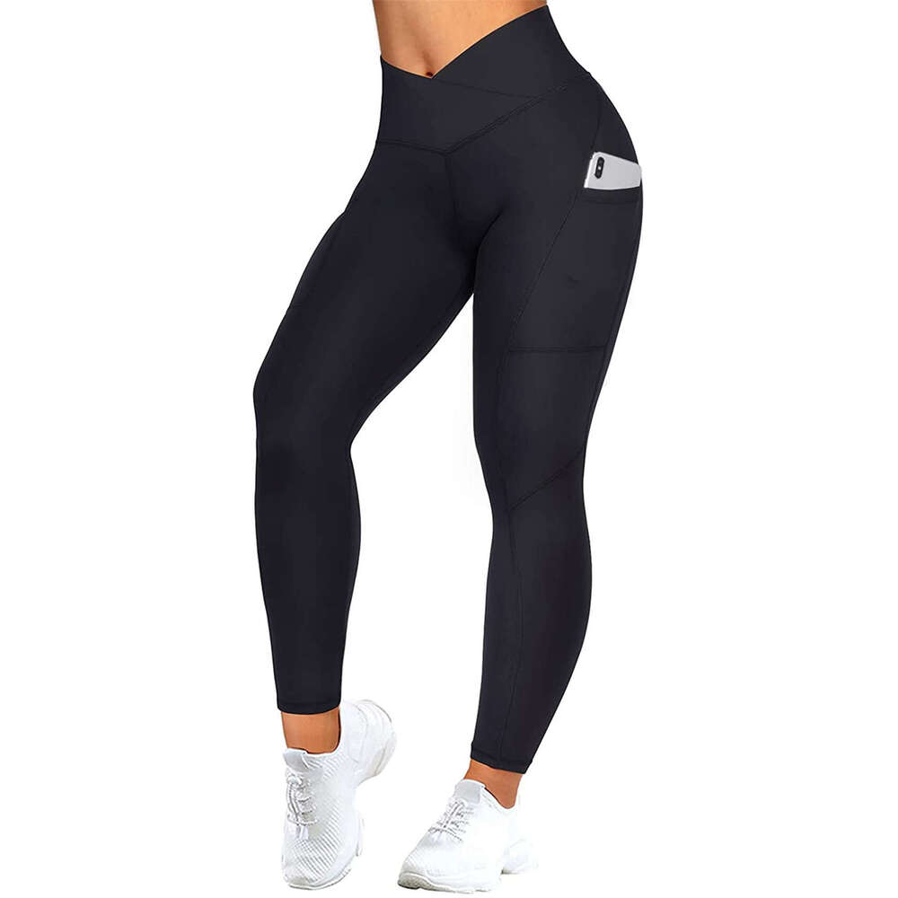 Women Yoga Pants Autumn And Winter Breathable Thin Style Solid Color Printed Slimming Cross Waist Bottom Pocket Pants YJ