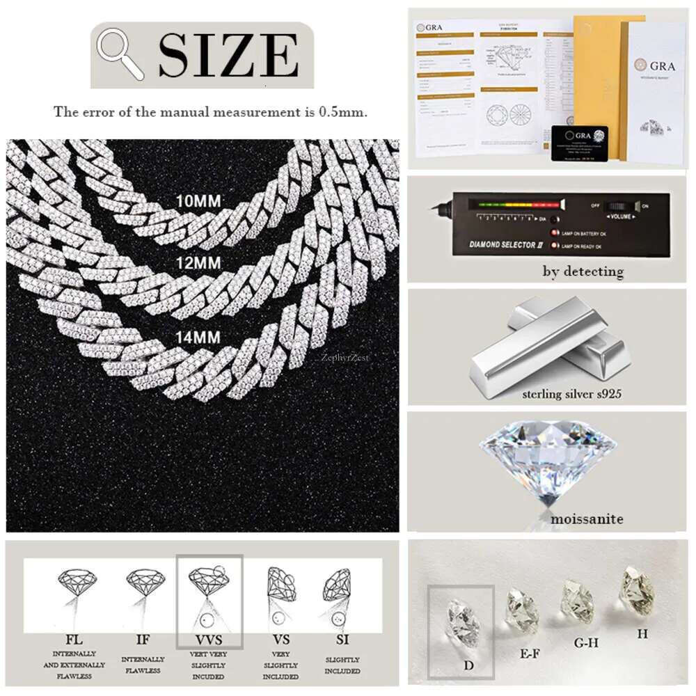 pass tester fashion gra moissanite dia 10mm-12mm wide 2rows solid sier cuban k chain for rapper hip hop necklace bracelet gift accessories