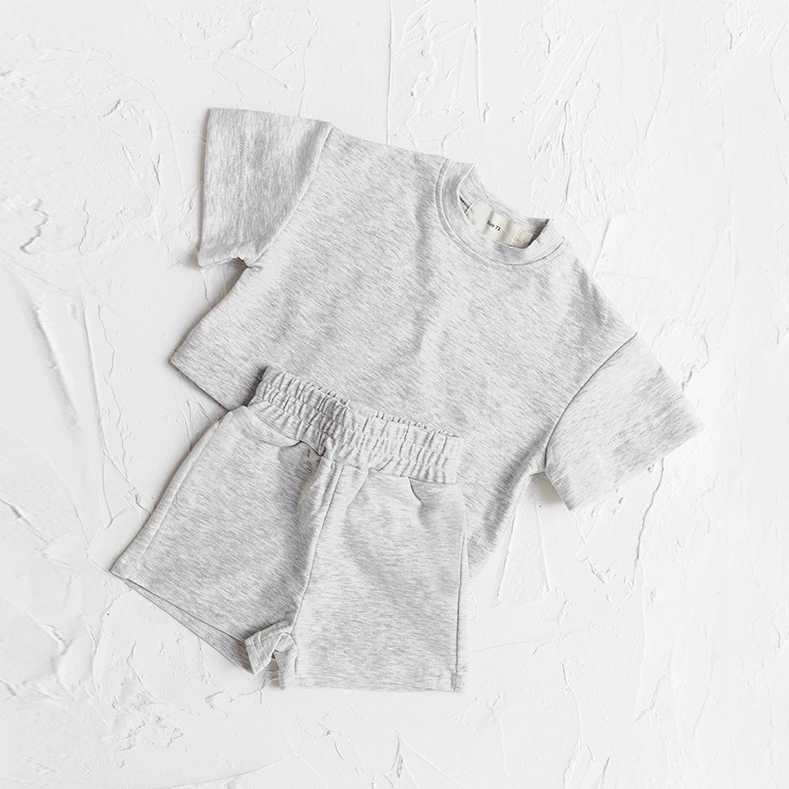 Preschool and childrens clothing fashion summer clothing set short sleeved solid color top short sleeved 2PCS casual childrens clothing setT250327