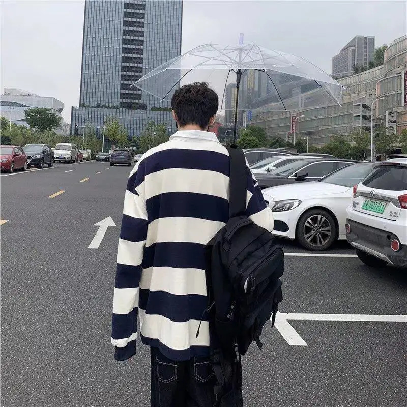 Mens highquality collar mens shirt polo top with sports striped white streetwear Y2k Xl 250326