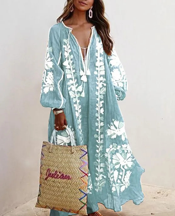 Woman Maxi Dress Boho Print Lace Up Long Sleeve Dress V-neck Loose Fashion Bohemian Beach Vintage Ruffle Hem Print Dresses 250326