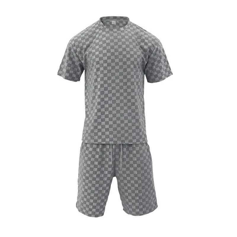 Mens sportswear summer new Korean High Street jacquard plain T-shirt two-piece set mens casual retro loose O-neck topXJ250326
