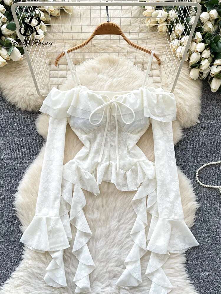 hoodie Korean Off Shoulder Sexy Blouse Female Long Flare Sleeves Ruffles Beach Shirt Summer Irregular Ral Hotsweet Top jacket
