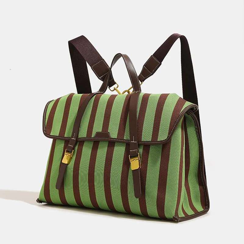 Multi-Use Briefcase Denim Canvas Striped Backpack Large Capacity Commuter Black White Contrast Handbag Messenger Travel Bag