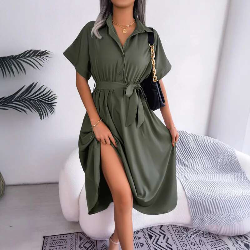 Dongdumaoyi Zomer Casual Losse Effen Kleur Stropdas Shirtjurk Lange Jurk C