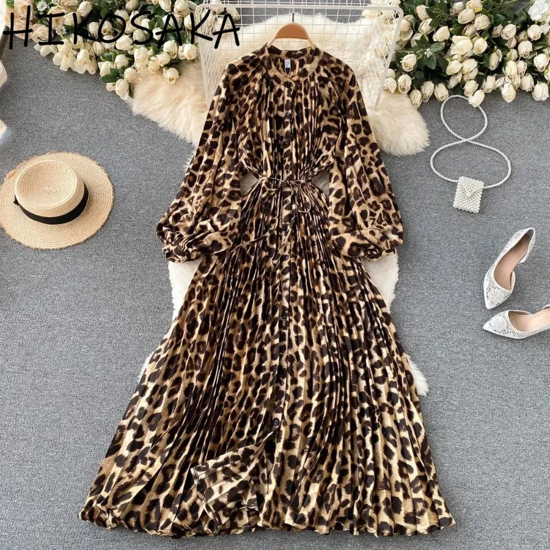 Stand Collar Lantern Sleeve Vintage Print Dress Belt Slim Waist Pleated Single Breasted A-line Robe French Style Elegant Vestido 250326