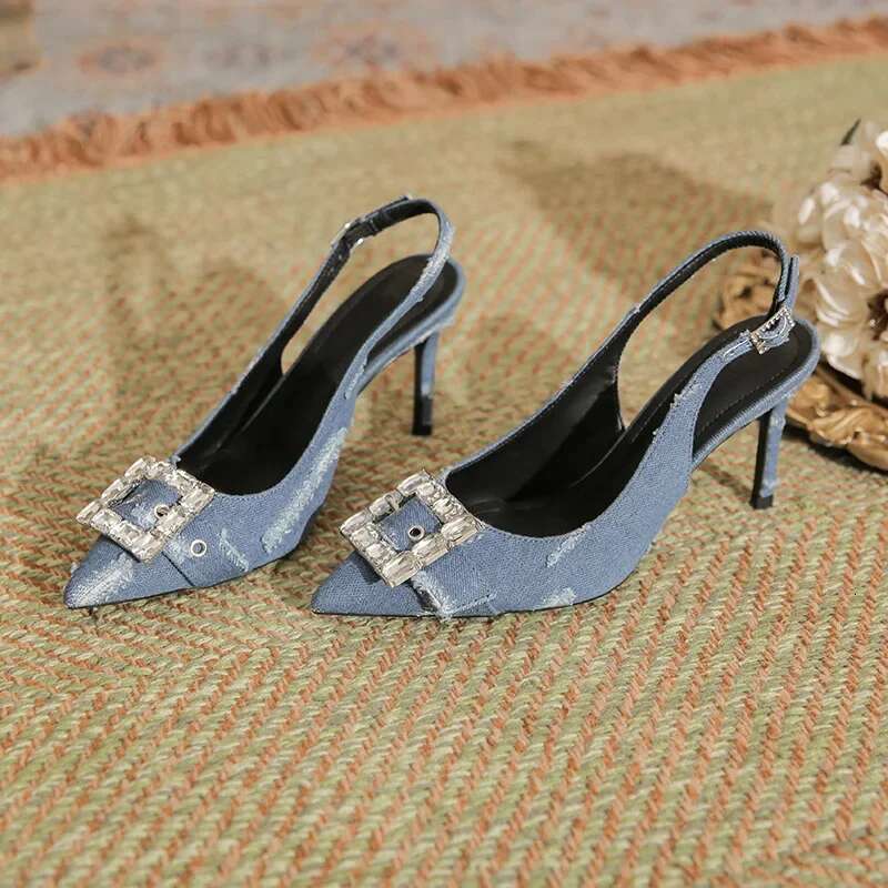 Women Sexy Blue Denim Rhie High Summer Korean Fashion Sandals Pointed Toe Thin Heels Pumps Party Dress Casual Shoes
