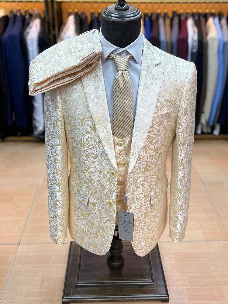 Fashionable Jacquard Elegant Mens 3Piece Set Wedding Groom Evening Dress Jacket Pants Vest Formal Banquet Ball 250326