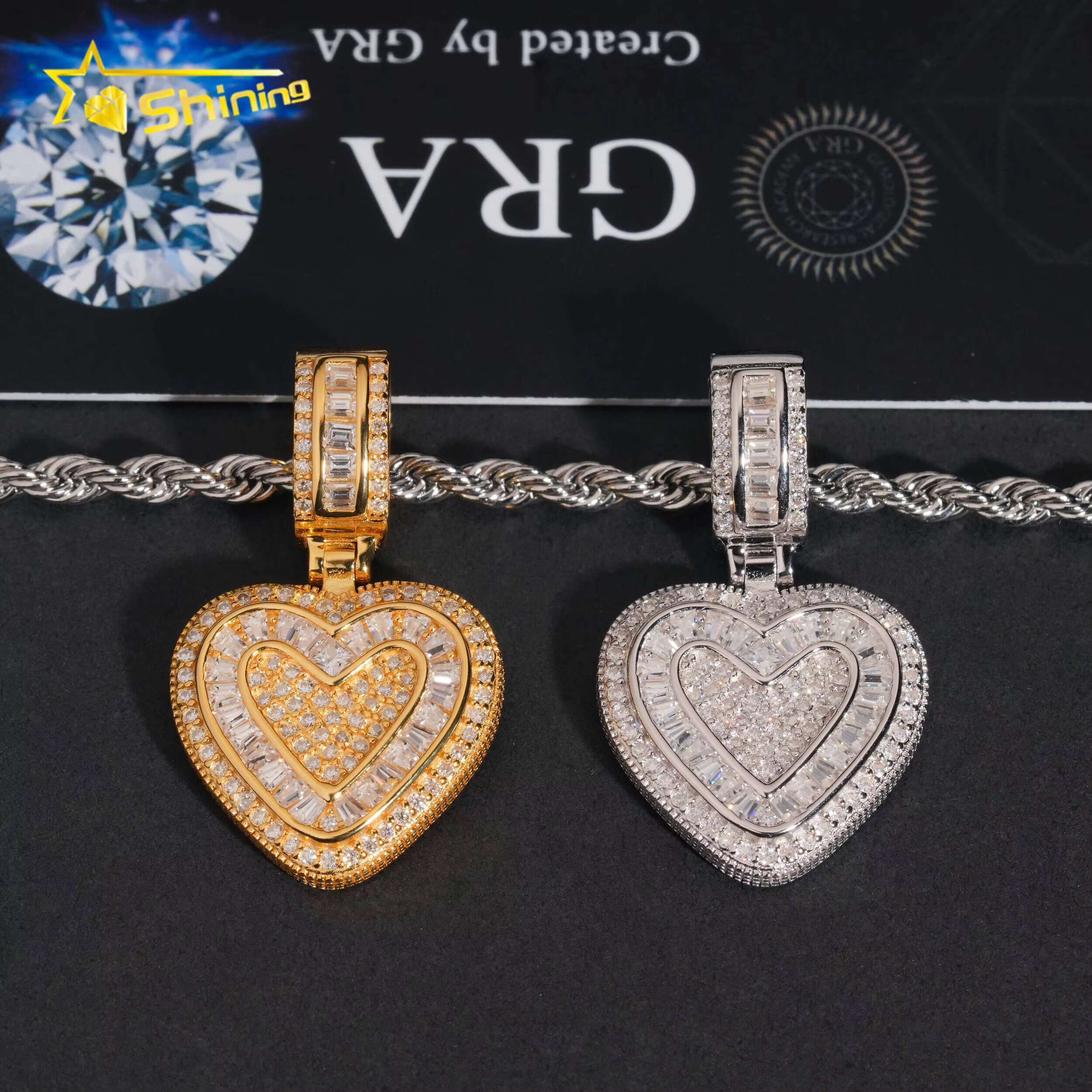 Baguette Mossanite Pendant 925 Sterling Silver VVS Moissanite Iced Out Diamond Heart Pendant Fine Jewelry Ready to Ship