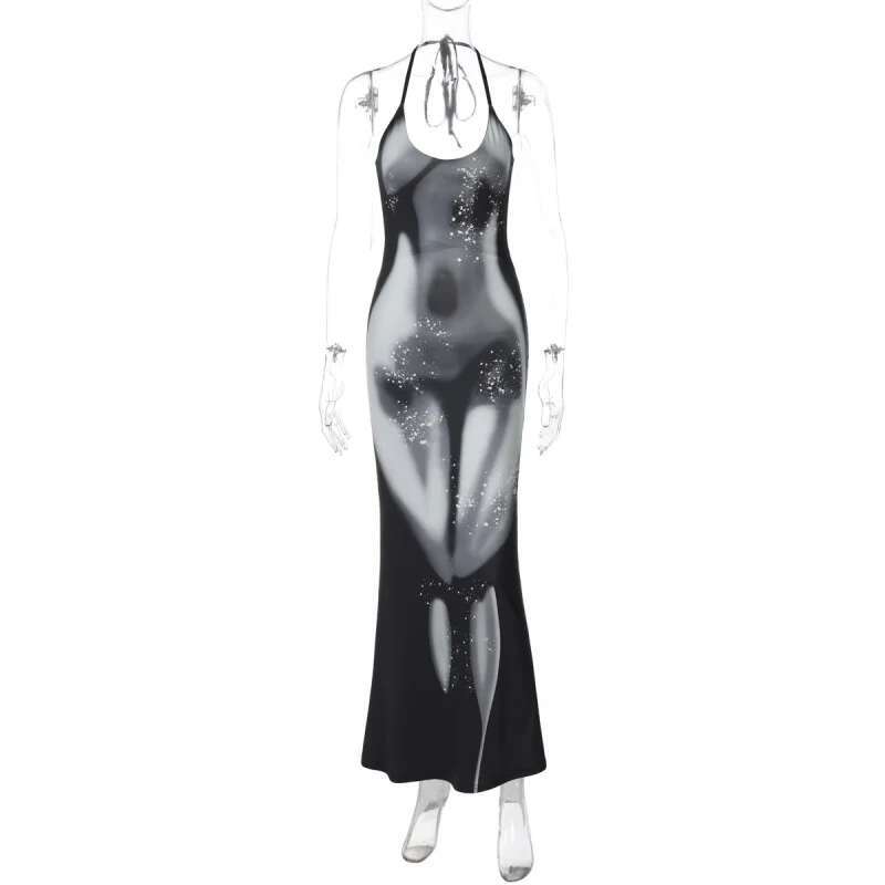 Dongdumaoyi Print Mode Halter Slim Fit Sexy Backless Tie Taille Lange Damesjurk C