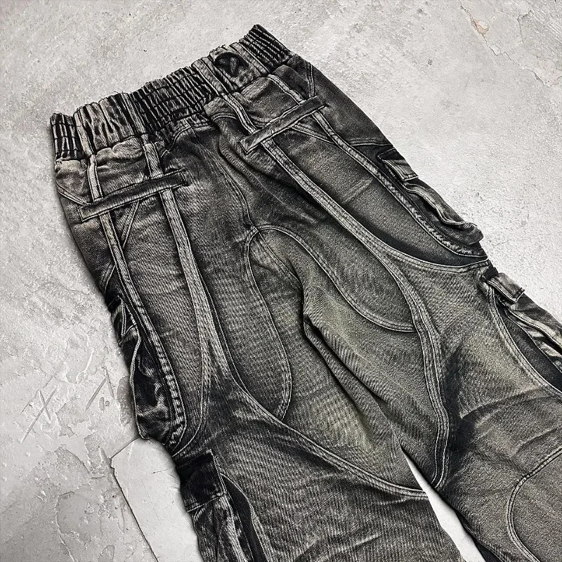 Heavy Washed Splicing Multi Pocket Loose Jeans Men Y2K American Fashion Streetwear Retro Rock Roll High-waisted Trousers 250317