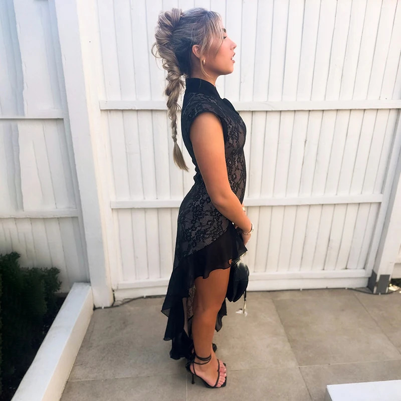 Sexy Solid Ruffle Maxi Dress 2025 Summer Sleeveless Lace See Through High Stretch Midnight Club Asymmetric Sewing Sundress 250324