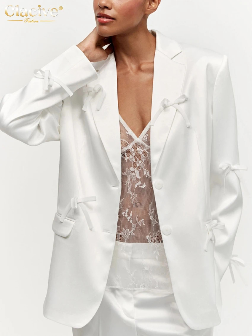 Clacive Fashion Loose White Satin Office 2piece Womens Elegant Long Sleeve Jacket with High Waist Wide Pants Set 250326