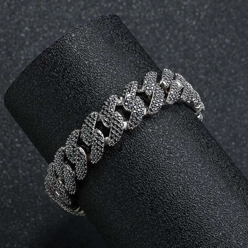Custom 12mm 3 Rows S925 Sterling Silver VVS Diamond Necklace Iced Black/White Moissanite Cuban Link Chain for Men Gift