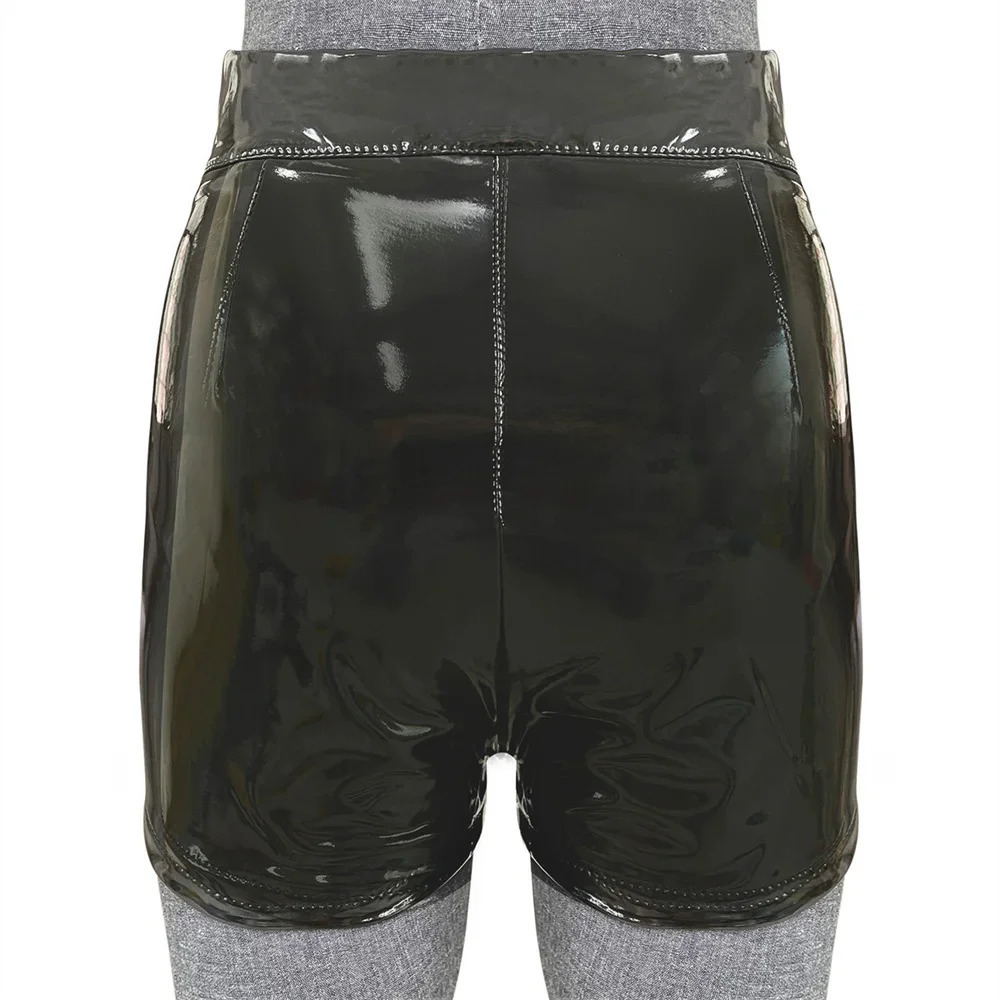 Sexy womens shorts elastic high waist wet appearance synthetic PU leather latex gothic pole dance mini 250321