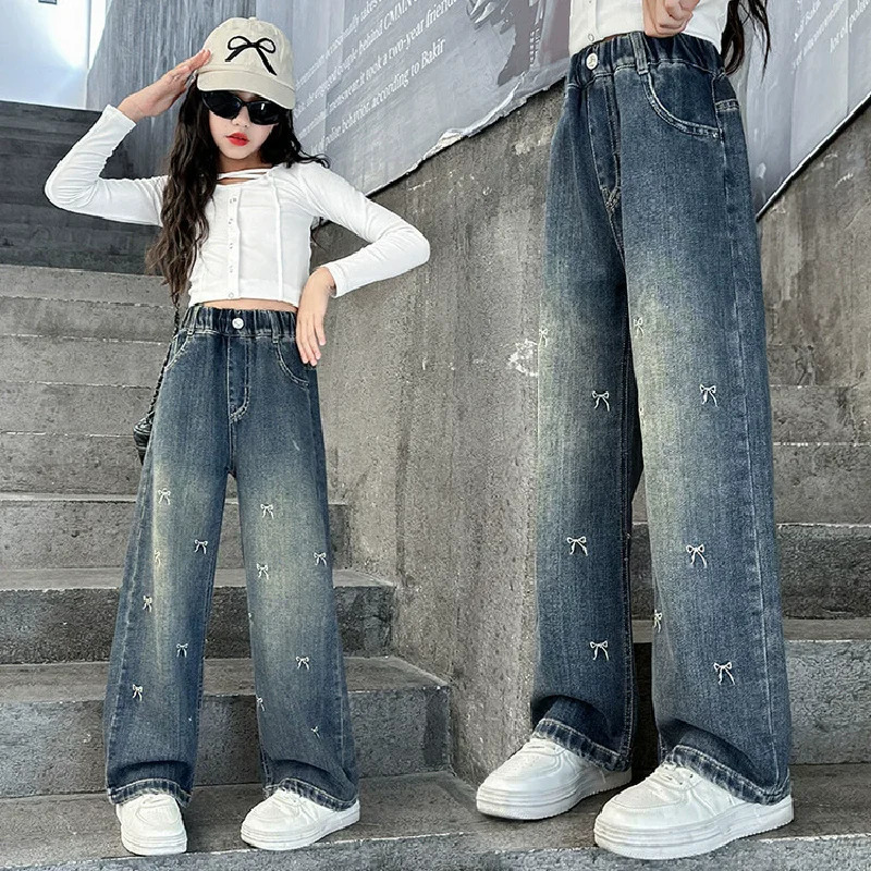 Girls Bow Jeans Spring Childrens Elastic Straight Autumn Youth Printed Wide Leg Trouser Fashion Pants 250325