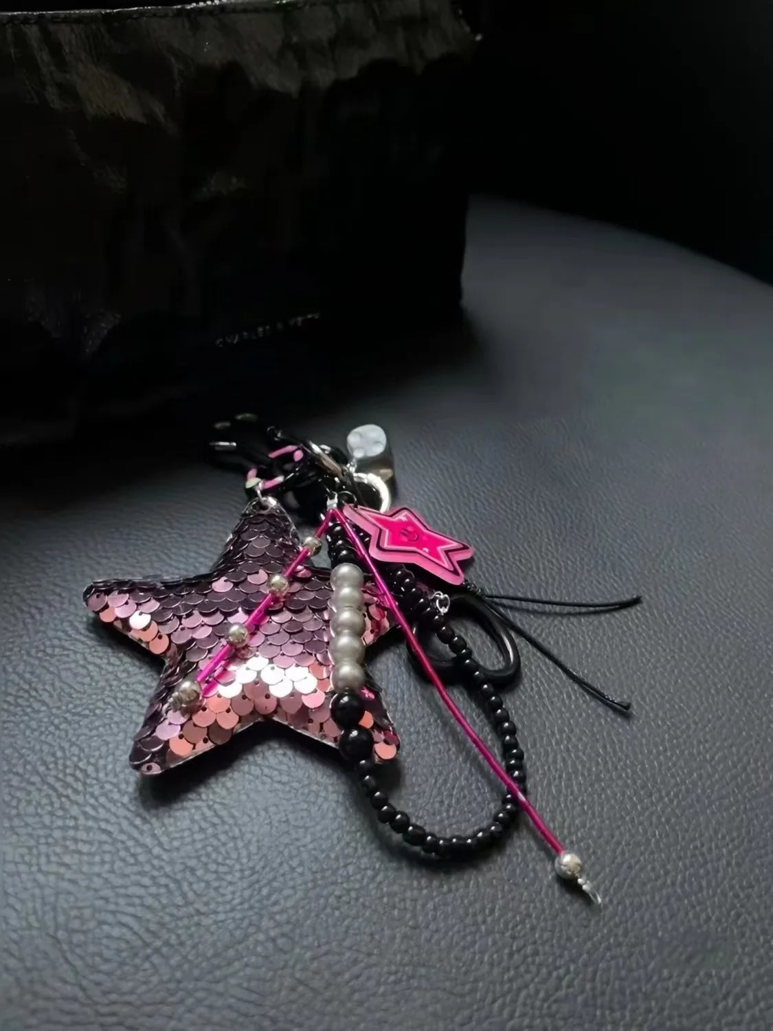 Handmade backpack pendant Sequin pentagram leopard print Hand woven rope keychain250325