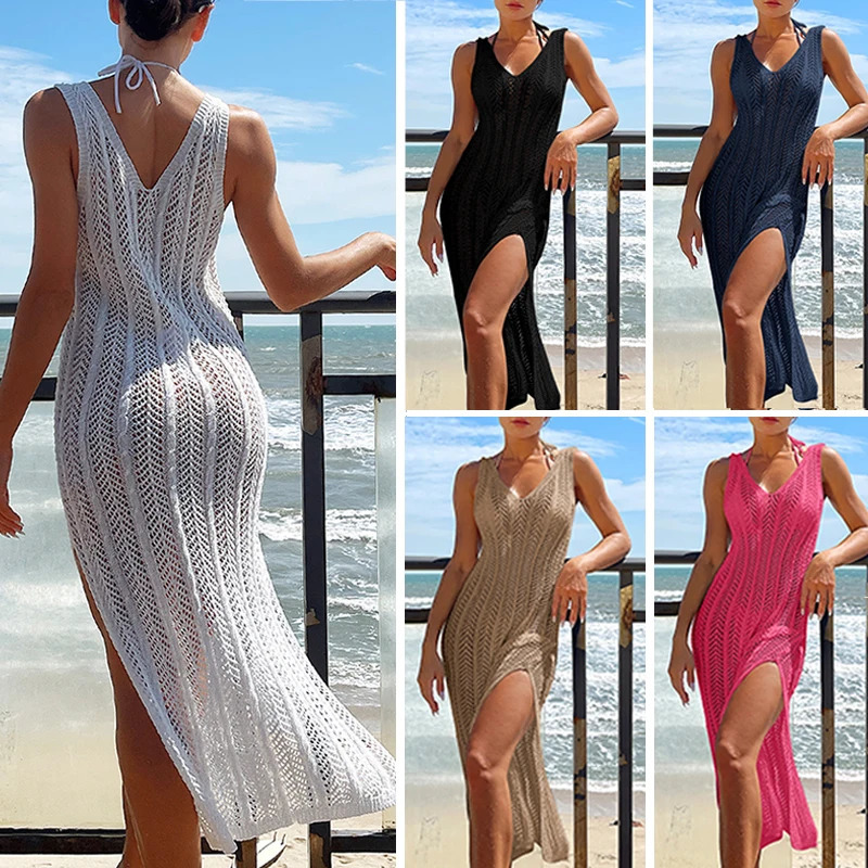 2024 Summer Womens Vacation Hollow Coat Womens Fashion Solid Knitted Maxi Dress Fashion Sleeveless Sexy Beach Covered Dress 250324
