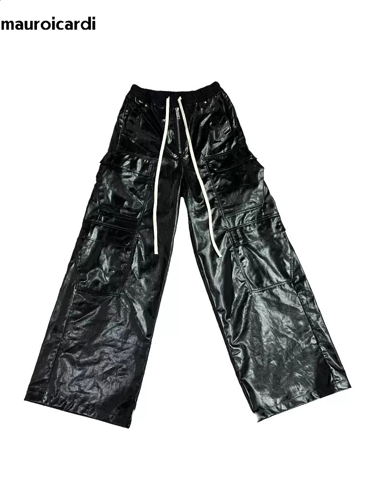 Mauroicardi Spring Autumn Cool Black Shiny Reflective Pu Leather Wide Leg Pants for Men Drawstring Waist Mens er Clothes 250317