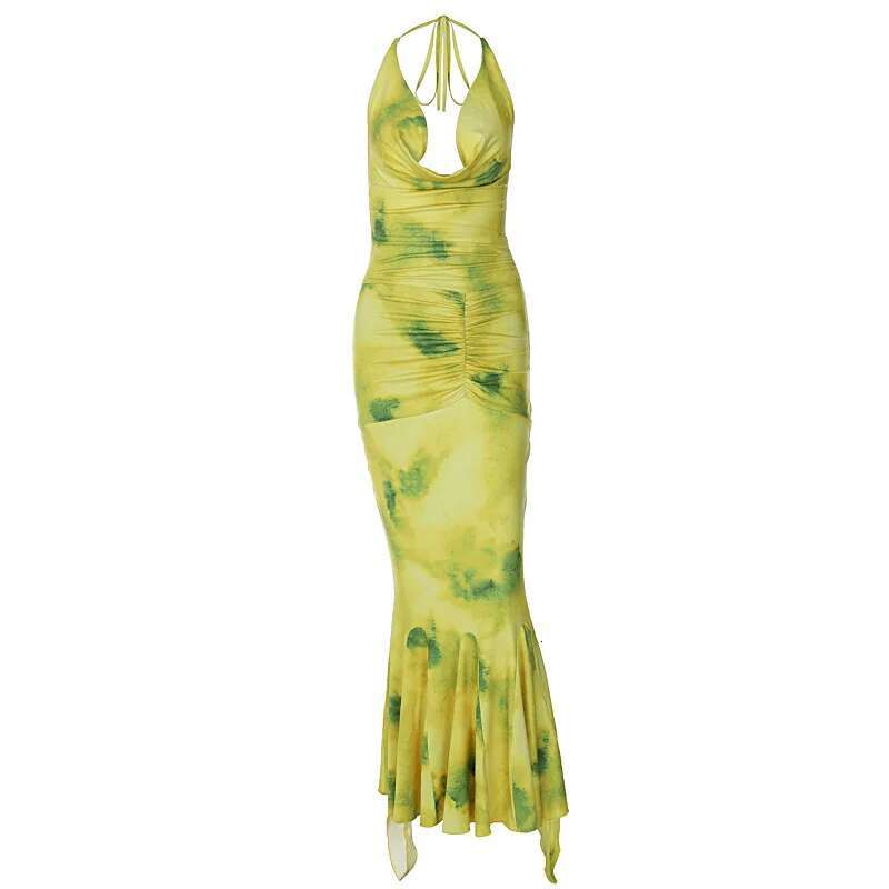 Dongdumaoyi Lente Nieuwe Elegante Lichte Volwassen Stijl Houder Diepe V Print Lange Ruches Jurk C