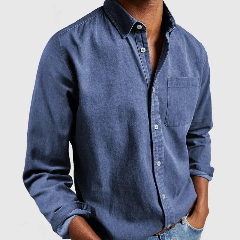 2025 spring mens long sleeved lapel clothing button up shirt imitating denim 250326