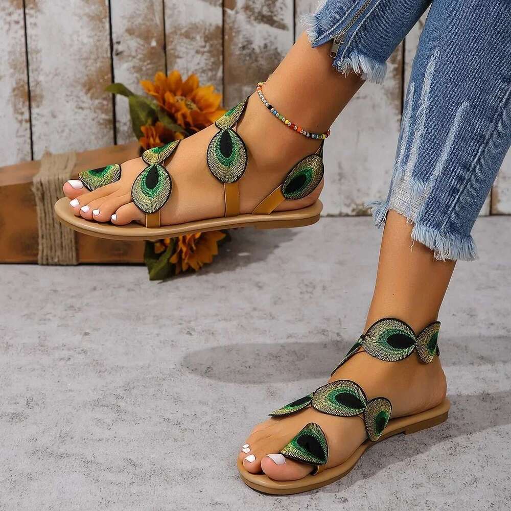 Yellow Embroidered Faux wer Fashion Sandals Flat Plus Size 43 Summer Outdoor Beach Travel Mom Shoes