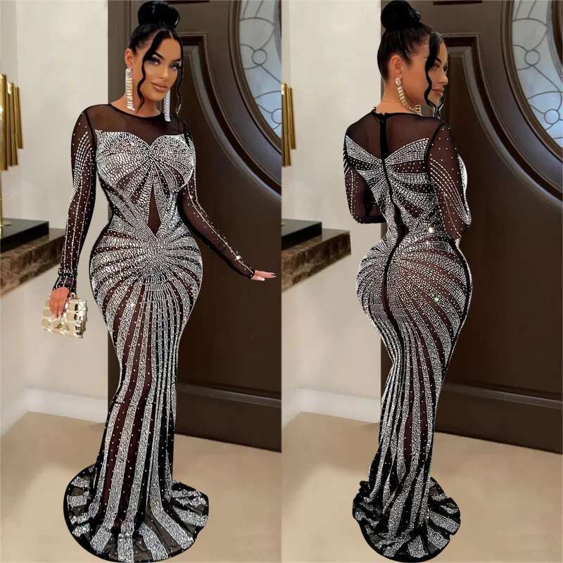 Dongdumaoyi Mode Dames Effen Kleur Mesh Pure Strass Lange Mouw Jurk C