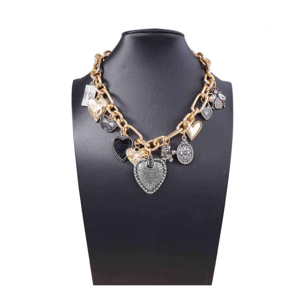 Trendy Vintage Alloy Love Pendant Necklace, Creative Multi-Heart Design with Micro-Inlaid Zirconia Chain for Women