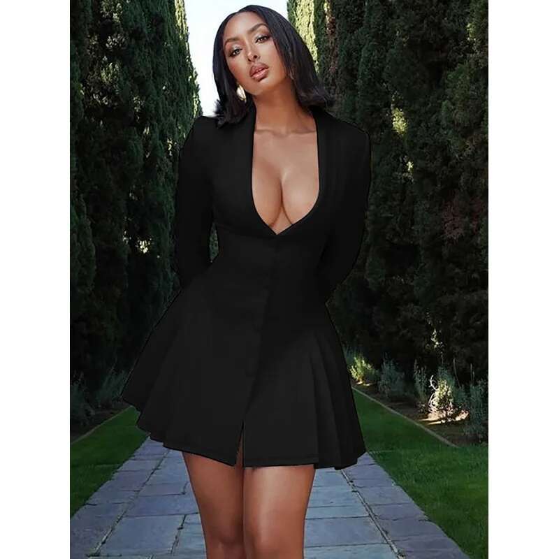 Dongdumaoyi New Solid Color Sexy Deepvblazer Collar Cardigan Mature Style Short Ruffle Women S Dress