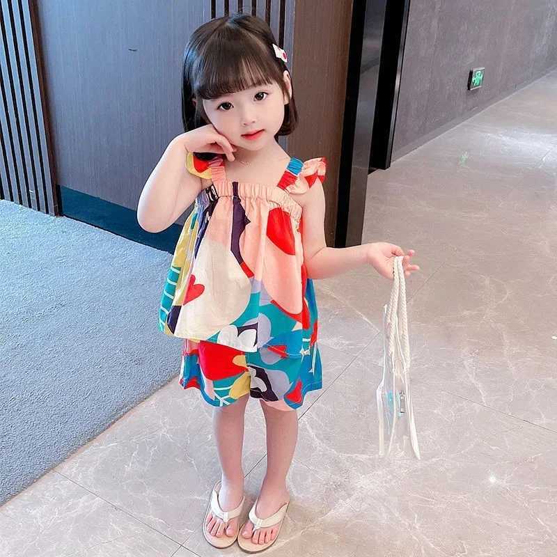 Summer baby girl clothing set hanging top color matching floral vest+childrens casual pants childrens clothing setT250327