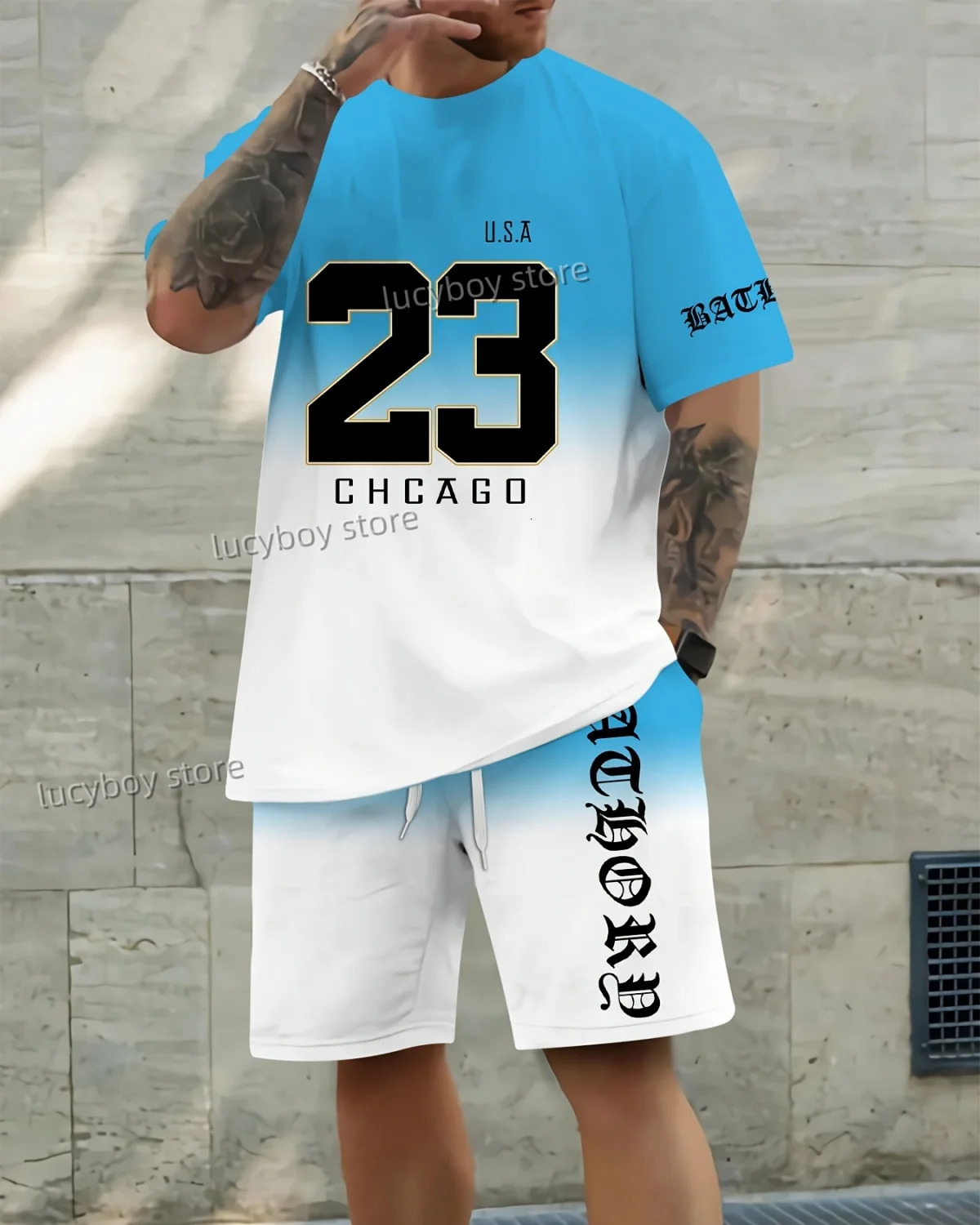 Mens 23 print set 2piece mens Tshirt shorts casual retro sportswear clothing 250326