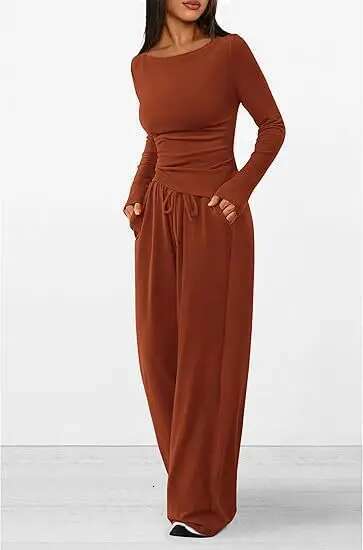 Dongdumaoyi Dames Lente Tweedelige Casual Outfit Asymmetrische T Shirt Met Lange Mouwen Wijde Pijpen Broek Jurken WD