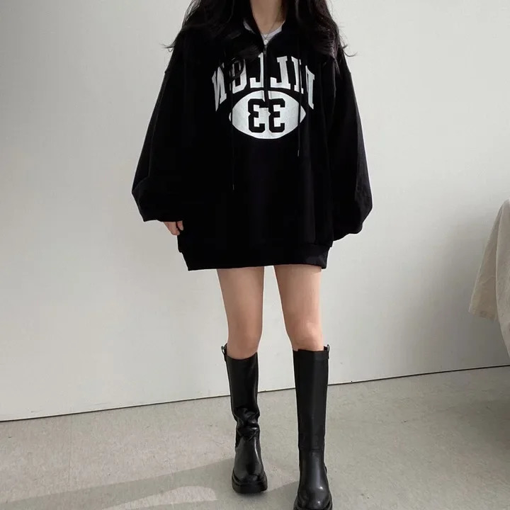Korean Zip Up hooded sweatshirt womens loose fit slim mid length top Versatile spring and autumn jacket trendy cotton 250326