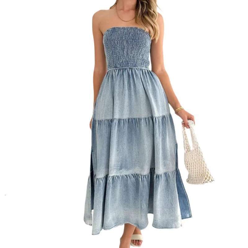 Dongdumaoyi Zomer Dames Elegante Zoom Patchwork Bustier Cake Denim Lange Jurk Met Zijsplit