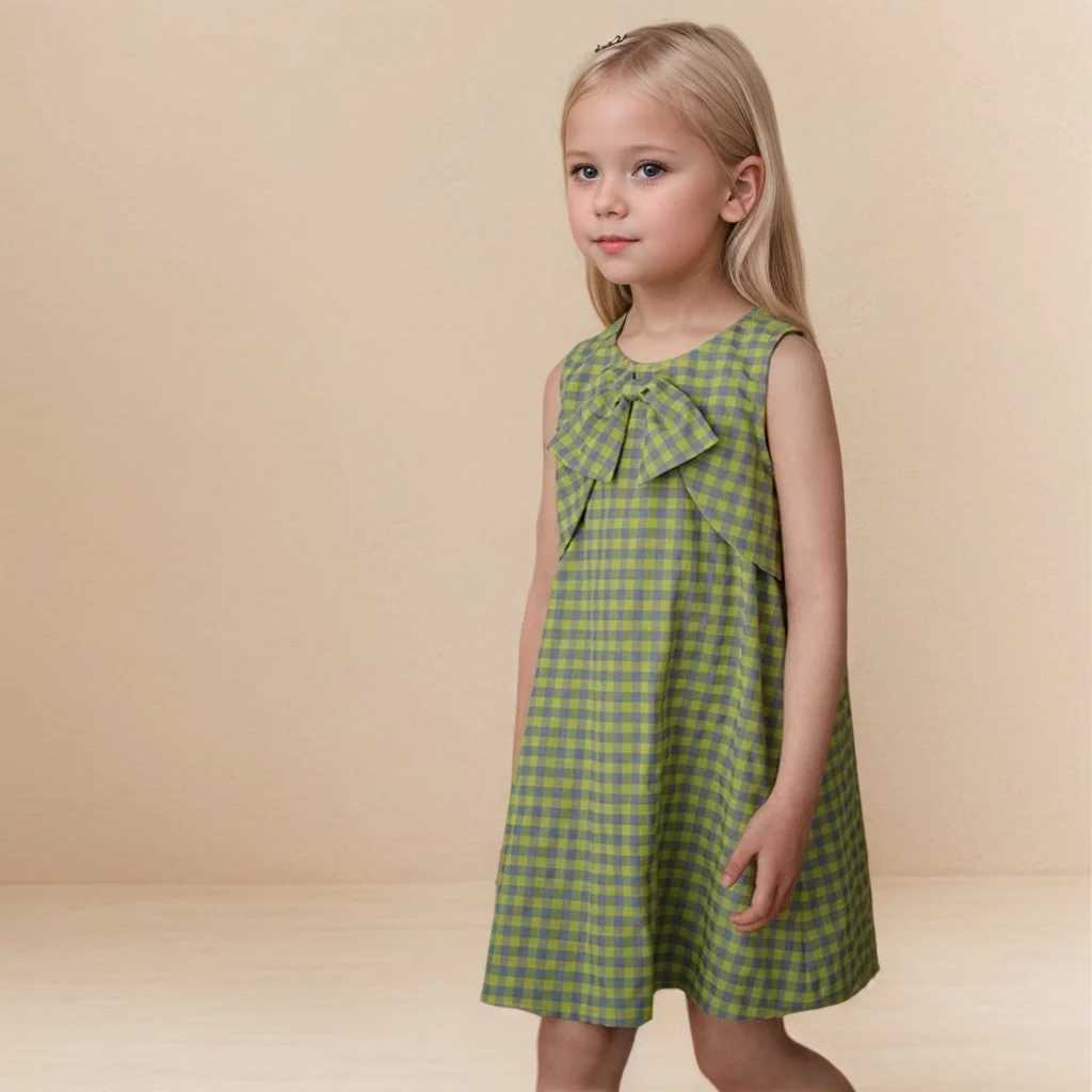 Summer Kids Babys Big Girls Dress Cotton Bow Sleeveless Plaid Toddler Girl Princess Dress Vacation Little Girl Vest Dress W250326